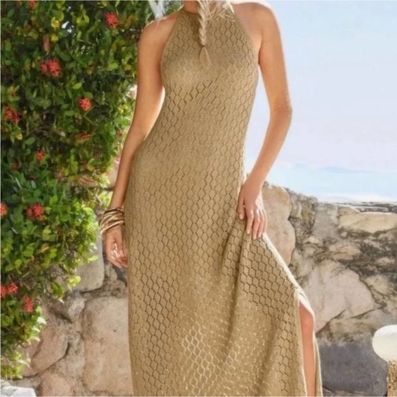 Boston Proper Tan Knit High Neck Crochet Maxi Dress - Picture 2 of 14